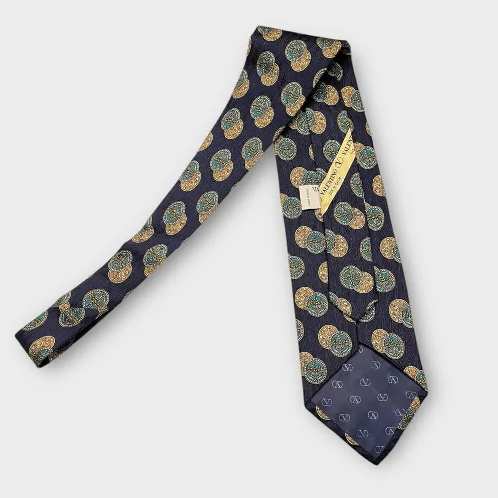 VALENTINO navy, teal & gold coin medallion print silk tie made in Italy luxury